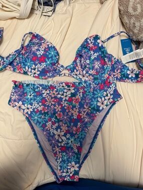Cupshe Blue Floral High-Waist Bikini Set